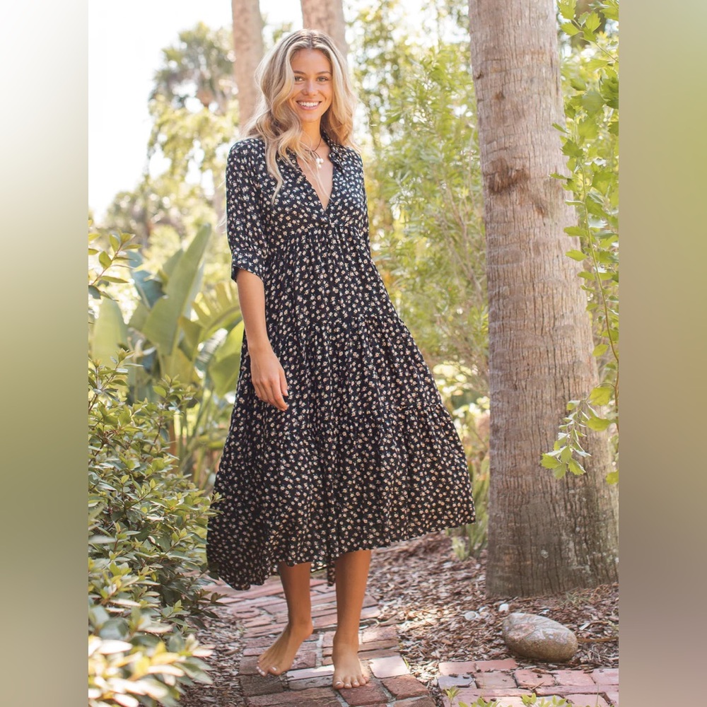 Natural Life - Rebecca Midi Dress - Black Cream Roses